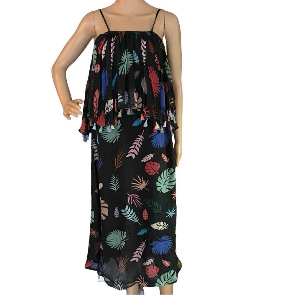 Carolina K 100% Silk Chiffon MIDI Floral Dress Tassel Detail Size Medium